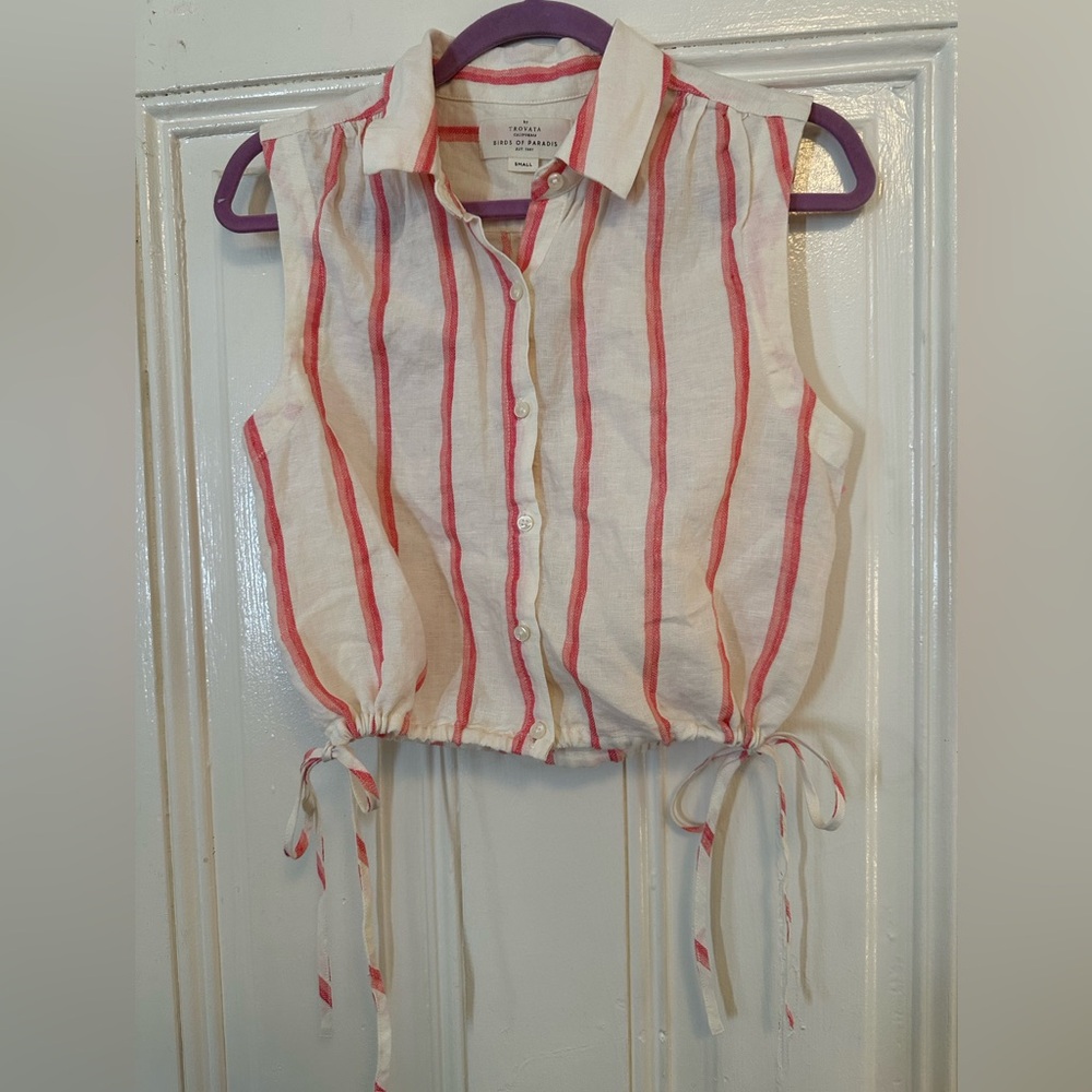 Striped Sleeveless Button-Up Top linen Bows on sides size small nwot